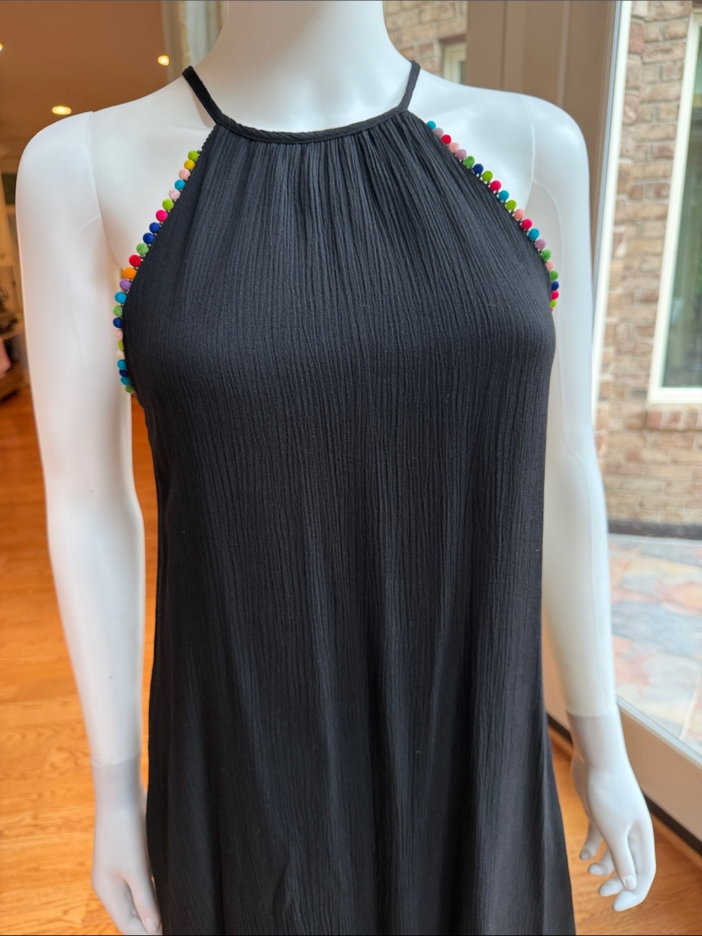 The Vanity Room Black Halter Dress with Multicolor Pom Trim